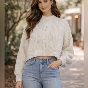 My Michelle Pearl Accent Cream Cable‎ Knit Cropped Oversized Sweater XL